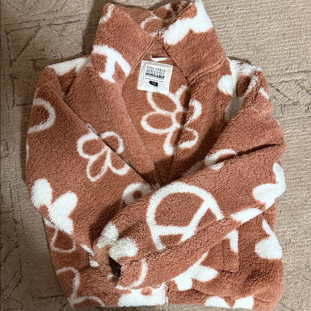 American Eagle Outfitters Floral Sherpa Cardigan in Brown and White